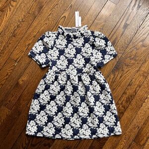 Janie & Jack Navy with White Floral Jacquard Ruffled with Mock Neck Dress 5T